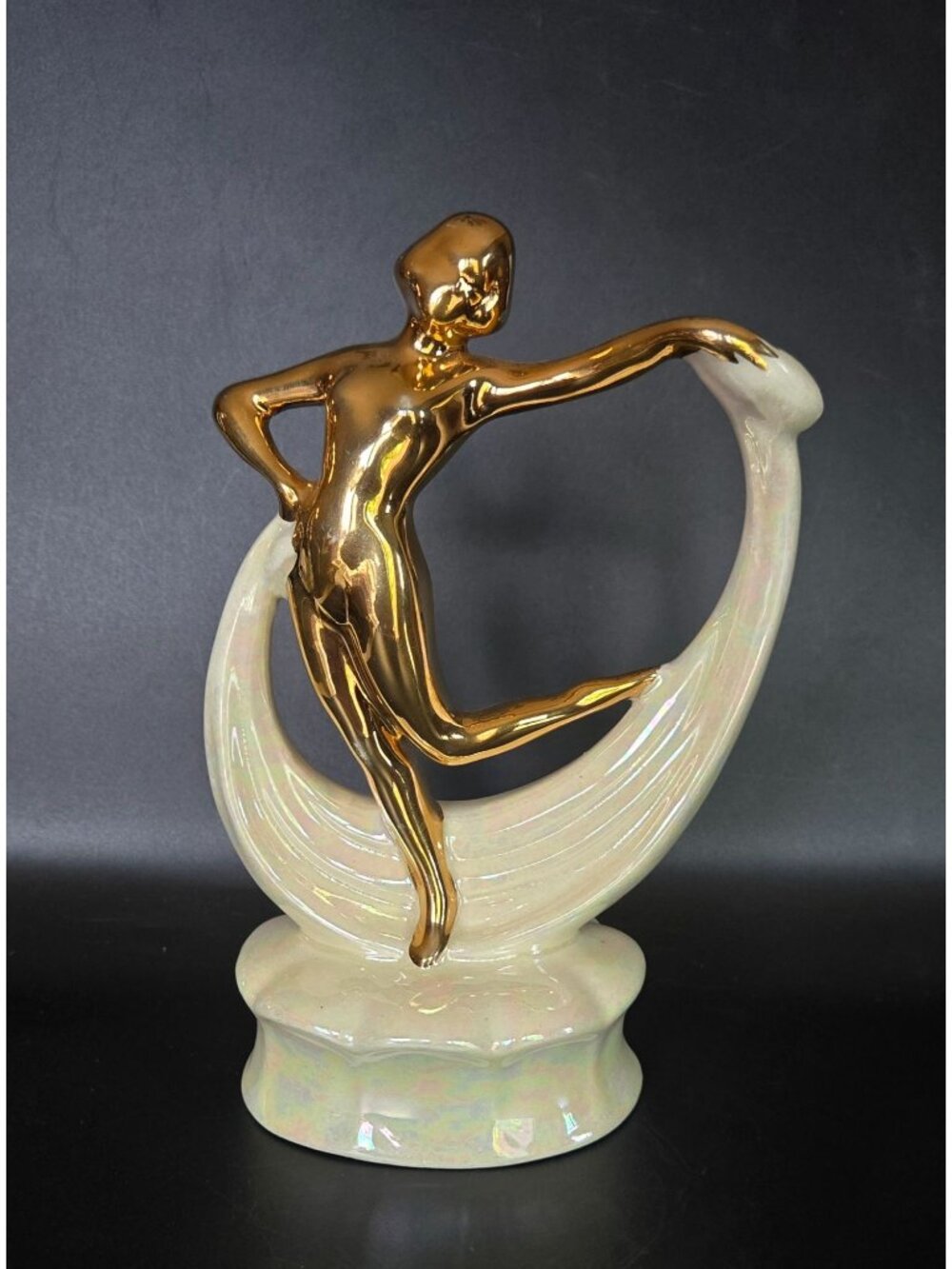 Gold & Iridescent Ceramic Dancing Figurine - Elegant Home Decor - 8" Tall
